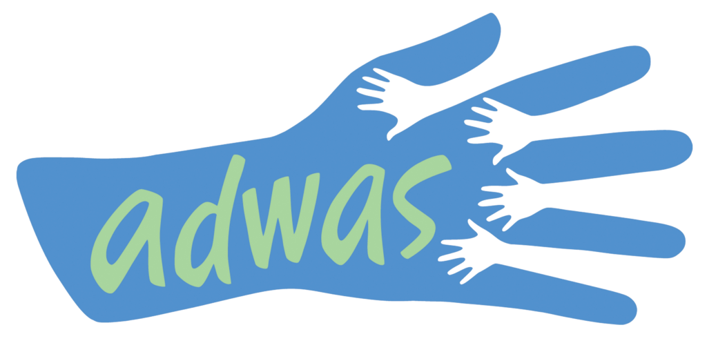 Blue hand with green text: "ADWAS". There are four tiny hands between five large fingers.