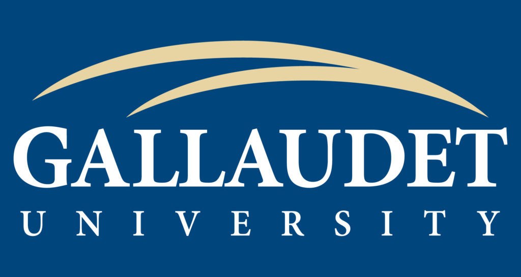 Blue box with text "Gallaudet University" with buff arrow above the text.